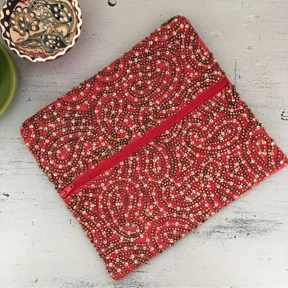Moyna Red Beaded Boho Clutch Bag Purse - Picture 2 of 4